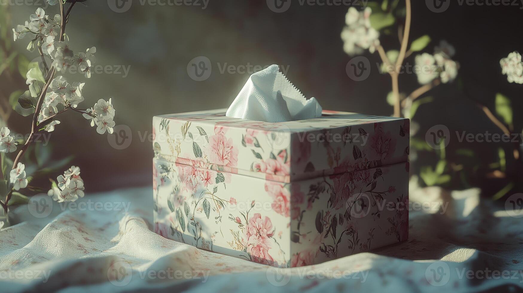 Decorative tissue box on a textured cloth surrounded by delicate flowers in soft natural light photo