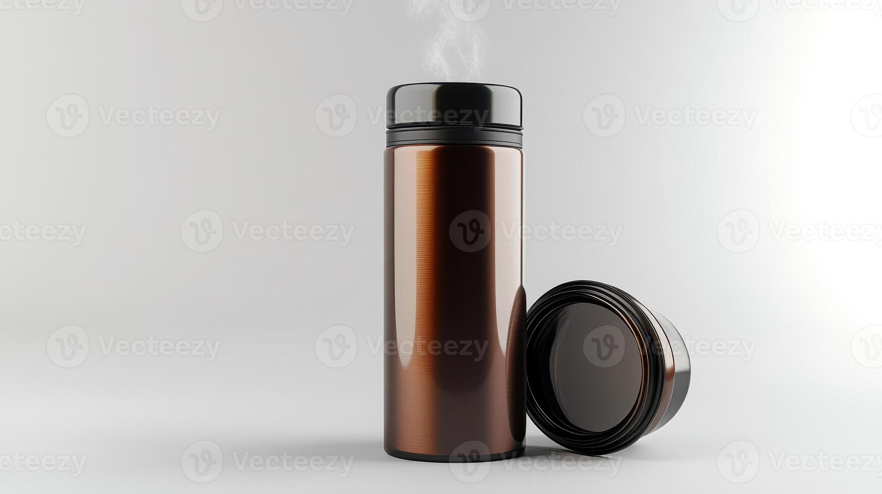 A steaming thermos and its lid positioned on a clean surface, showcasing a modern design and sleek finish photo