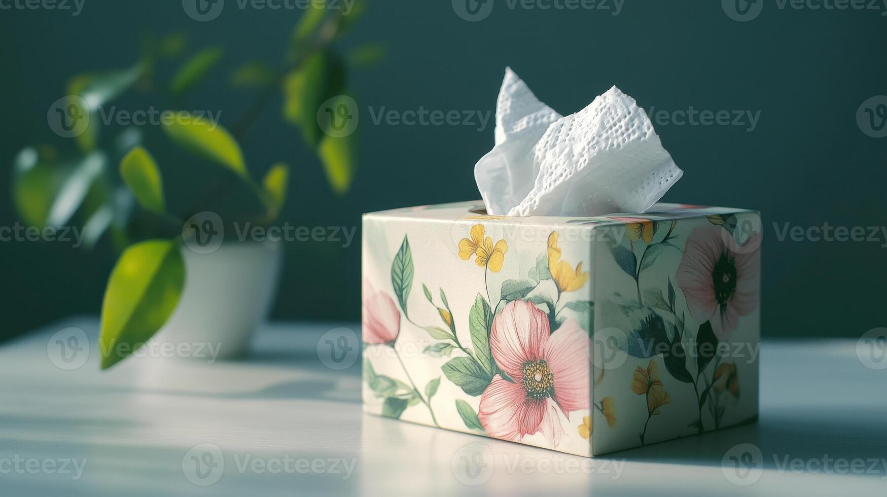 Floral tissue box on a table next to a potted plant in soft afternoon light photo