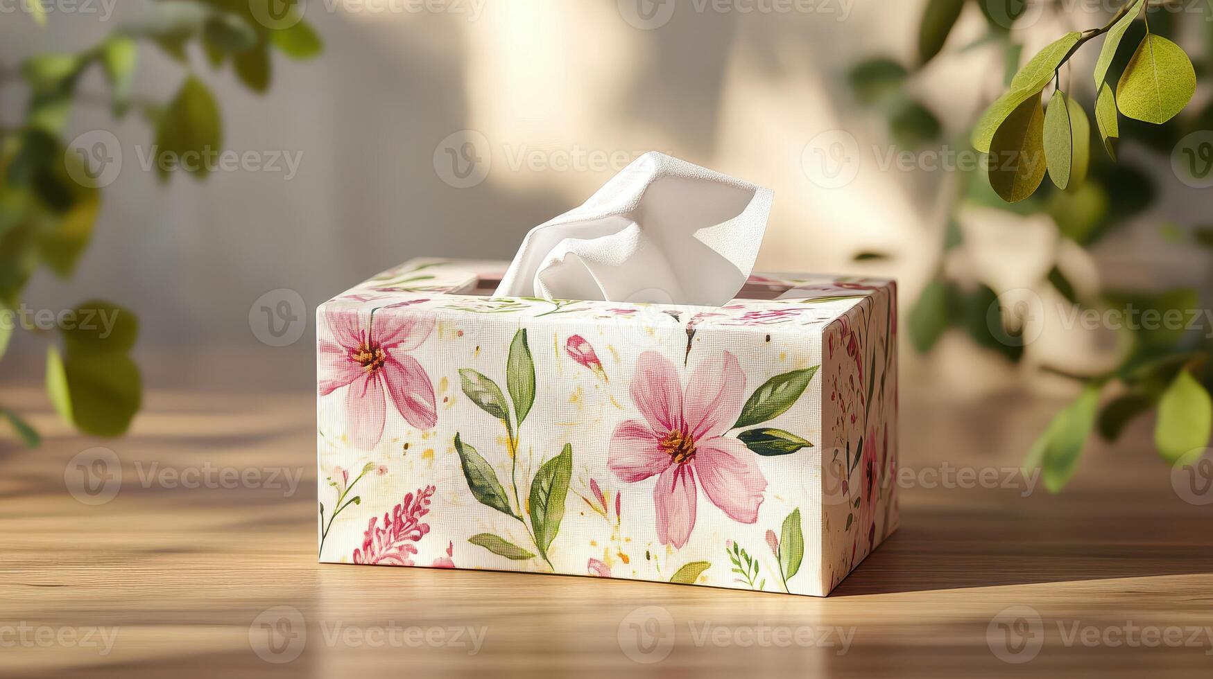 Decorative tissue box with floral design on a wooden table surrounded by greenery, captured in soft natural light photo