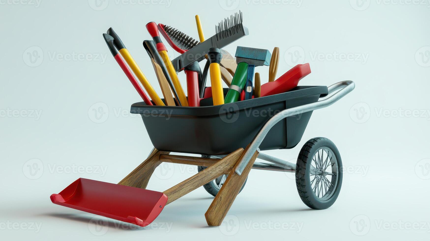 A wheelbarrow filled with various gardening tools, including shovels, rakes, and pruners, on a light background photo