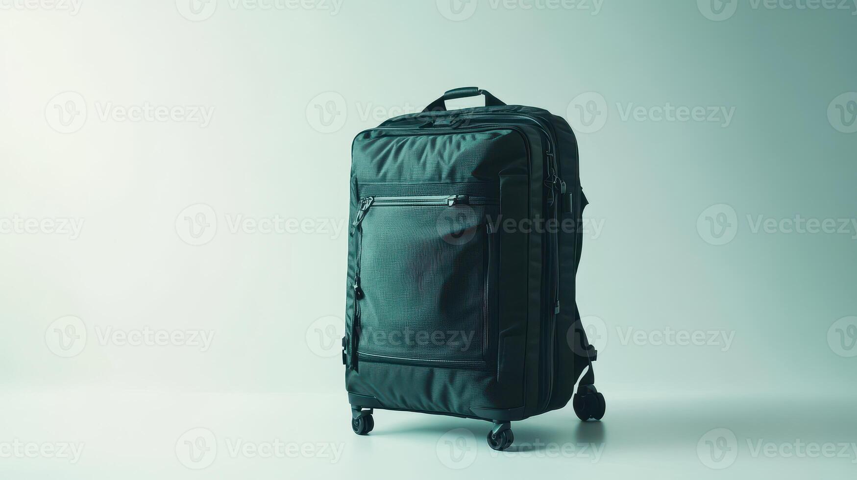 Black rolling suitcase on a light background with a minimalist design, suitable for travel or storage, highlighting compartments and durable construction photo