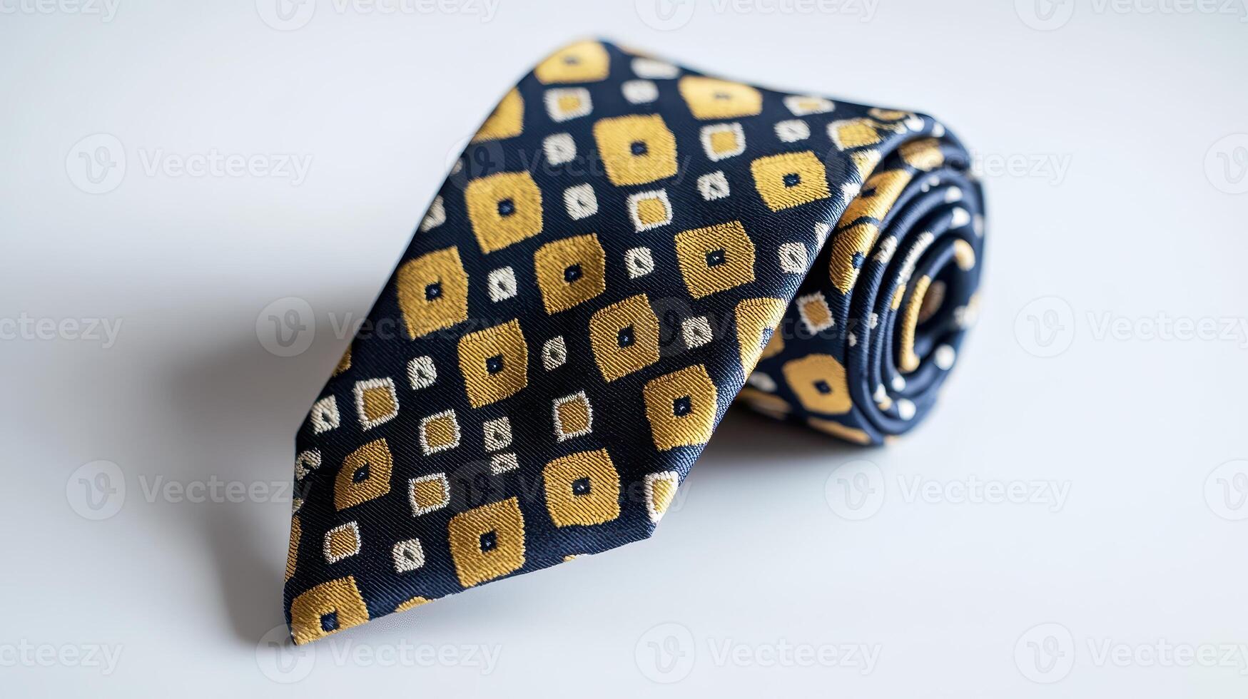 Rolled necktie with a geometric pattern in yellow and navy blue, displayed on a light background photo