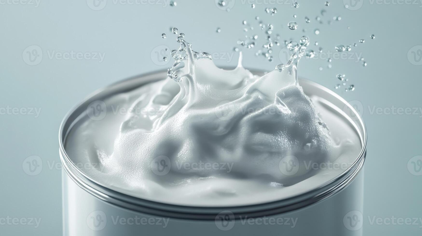 Creamy white substance splashes from a metal canister against a light background photo