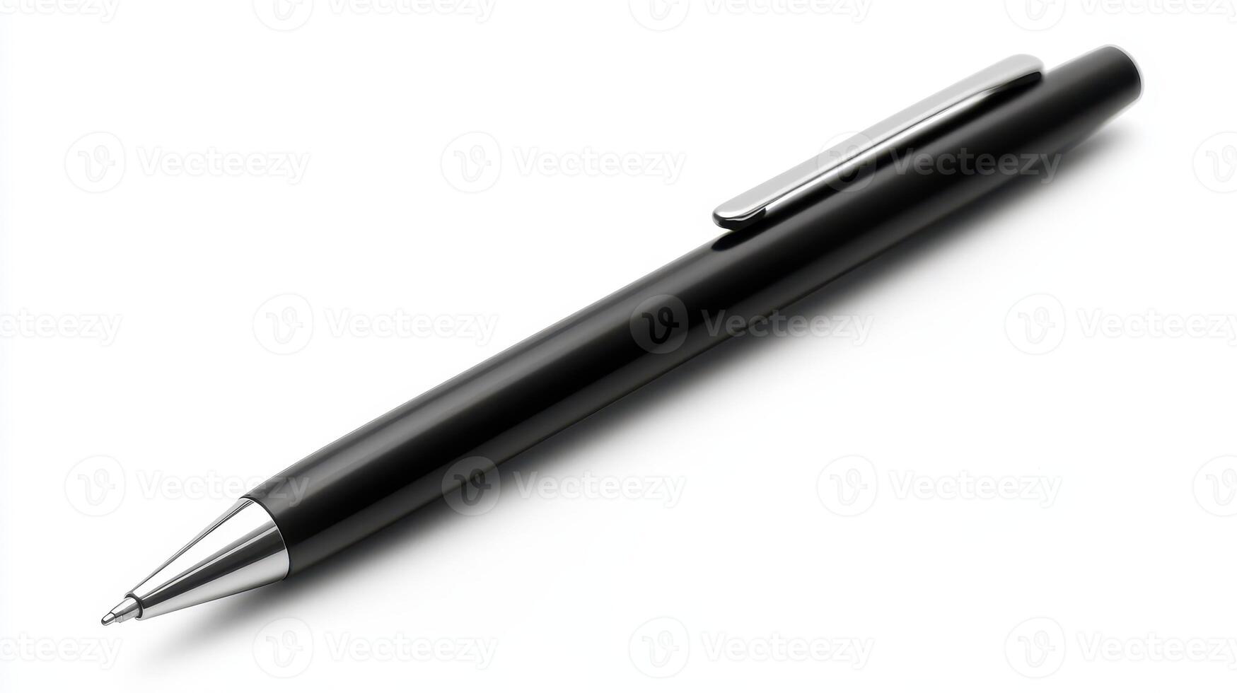 A close-up view of a black ballpoint pen on a clean white surface photo