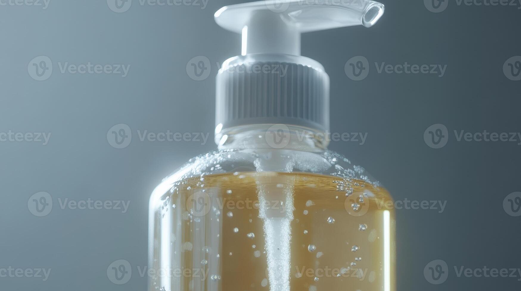 Transparent bottle with pump dispenser containing liquid soap illuminated by soft light against a grey background photo