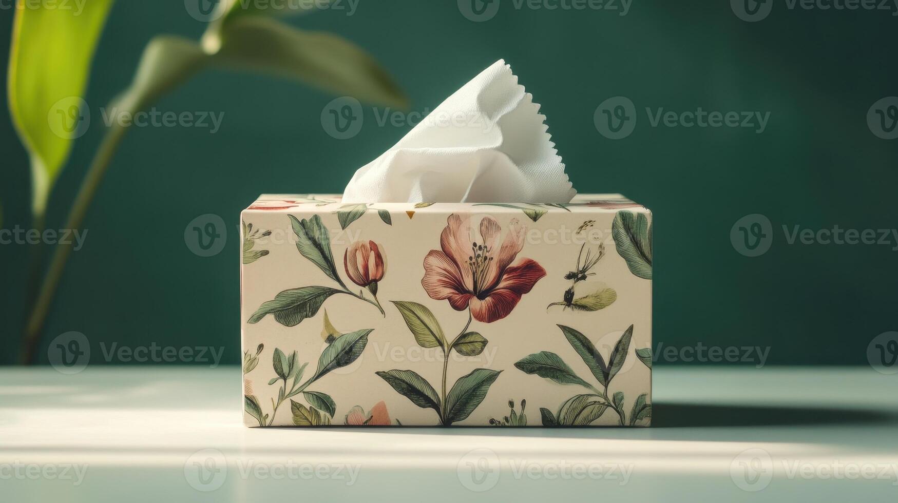Floral tissue box placed on a table with a green backdrop, showcasing its decorative design and practical use for everyday needs photo