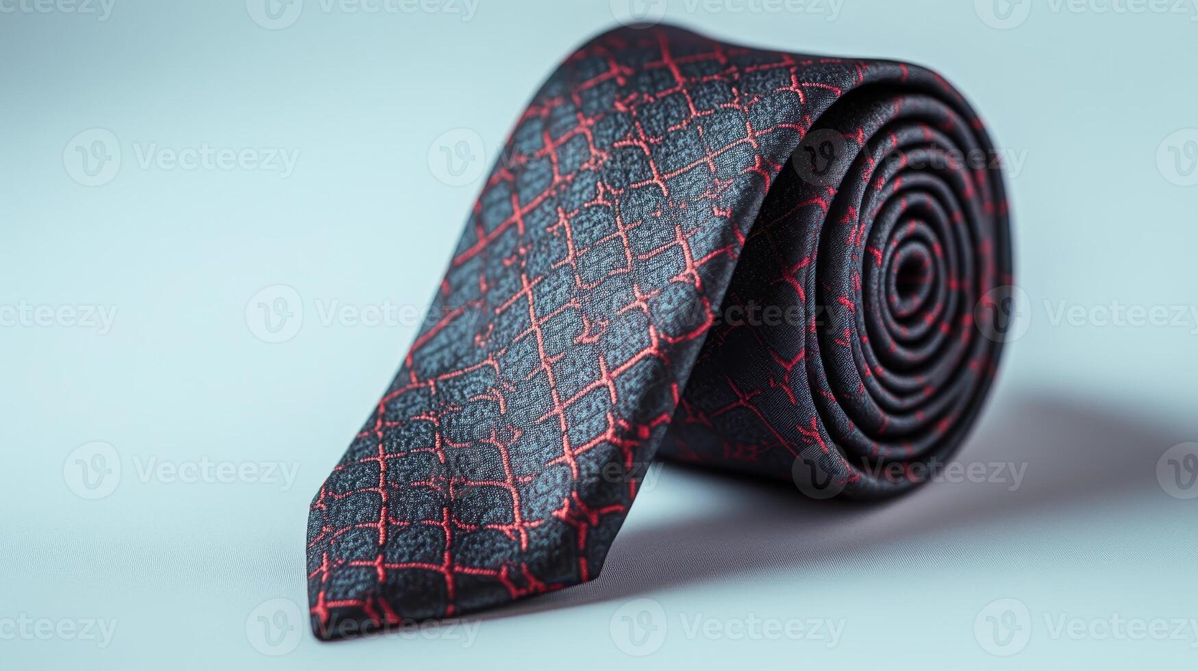 Elegant black and red patterned tie elegantly rolled on a light background photo