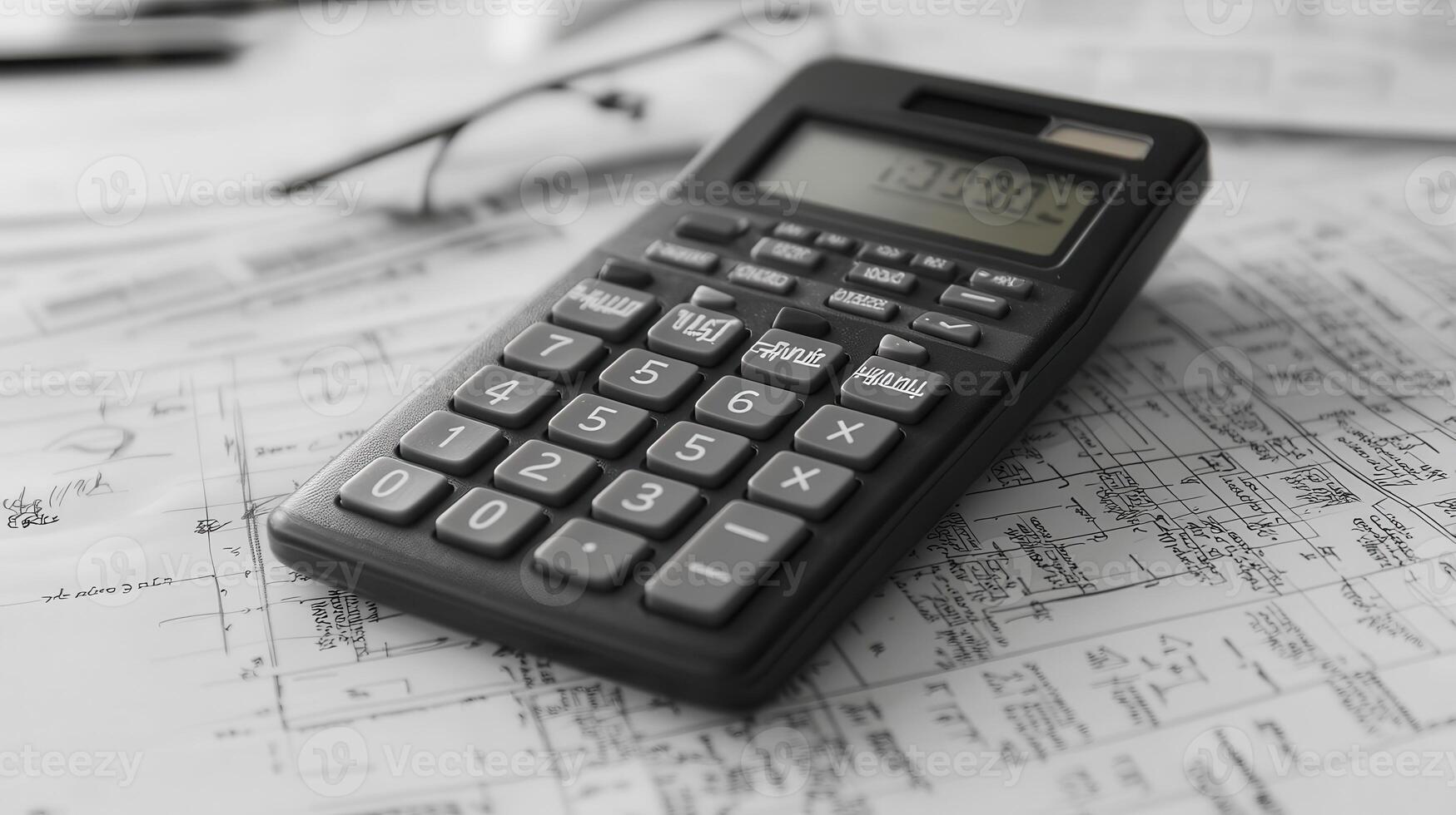 Calculator resting on architectural blueprints with glasses nearby in a well-lit workspace photo