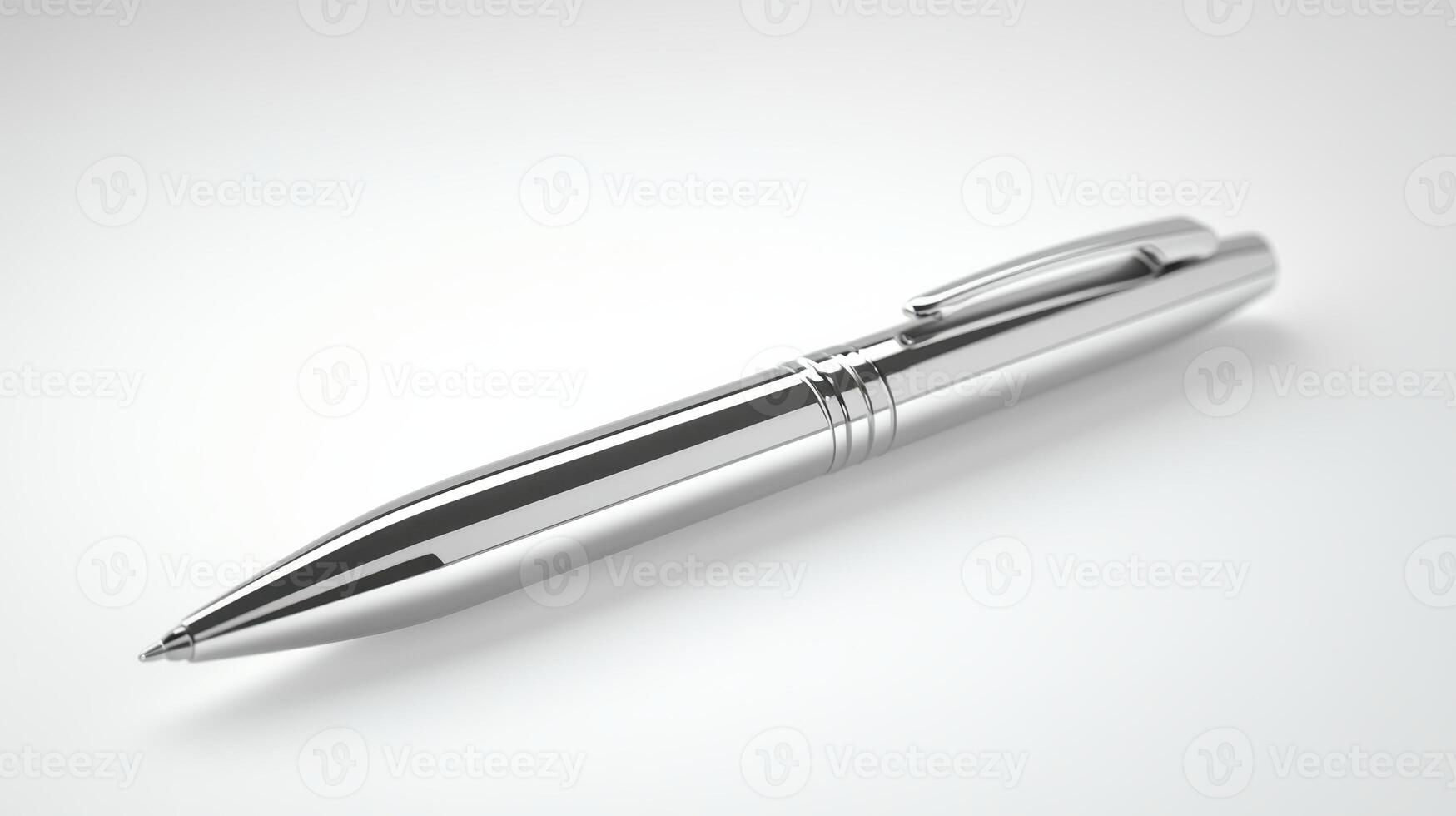 Silver ballpoint pen lying on a smooth surface in soft daylight photo