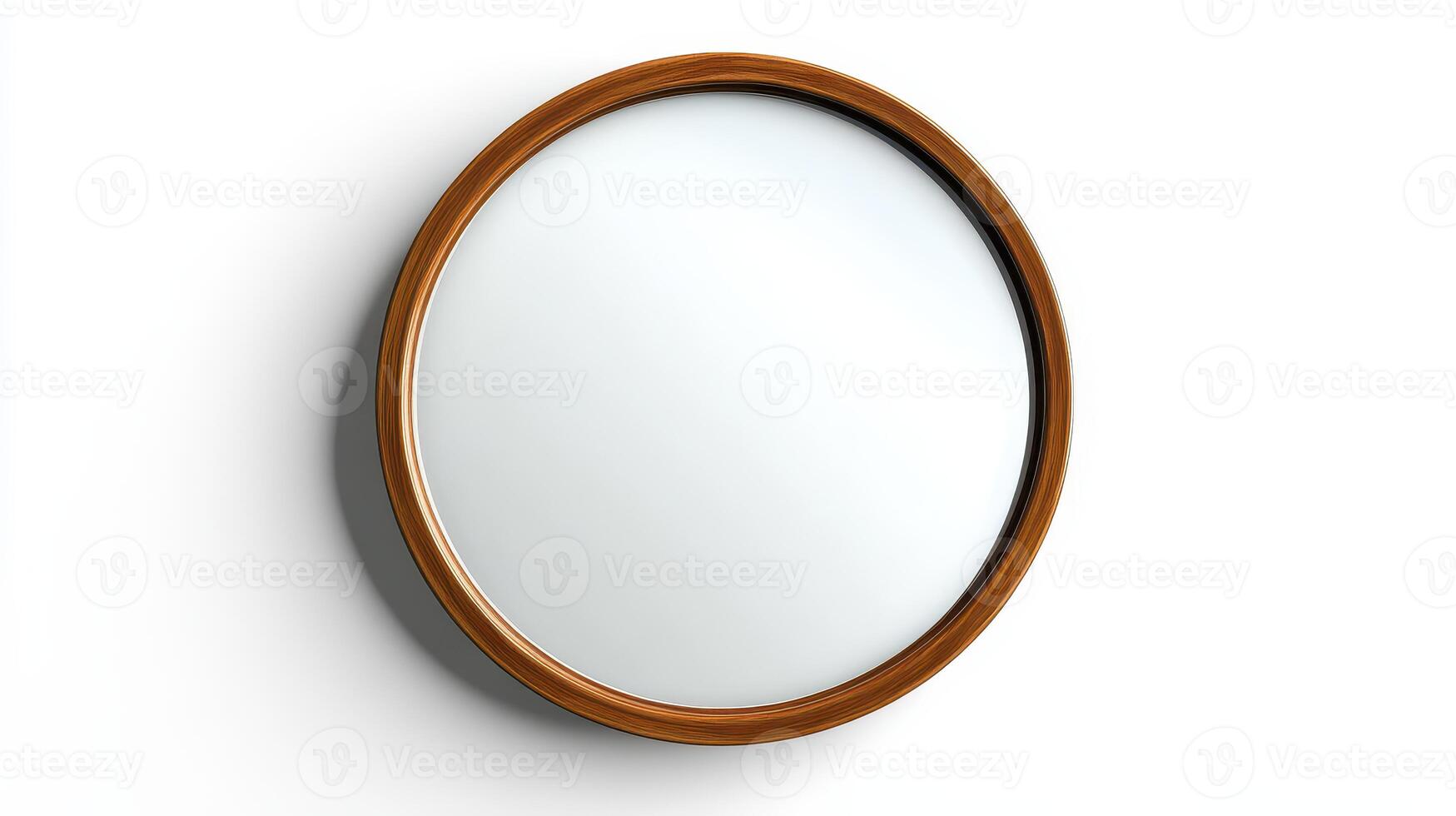 Simple round mirror with a wooden frame mounted on a white wall, showcasing minimalist design and modern decor photo