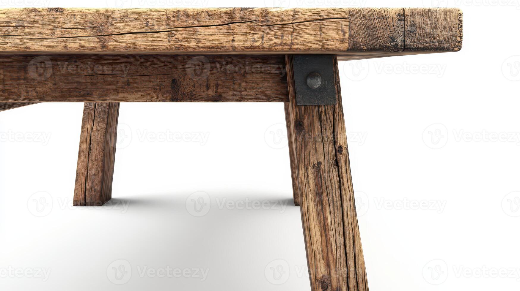 Rustic wooden table with a sturdy design on a white background, showcasing unique grain patterns and textured surfaces photo