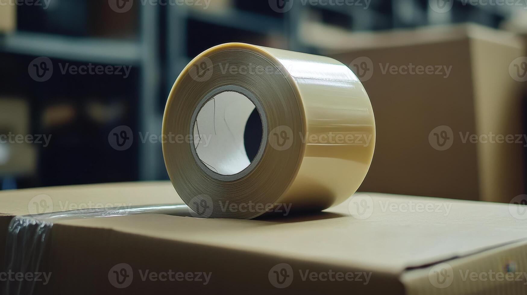 Clear packing tape roll resting on a brown cardboard box in a warehouse during daylight hours photo