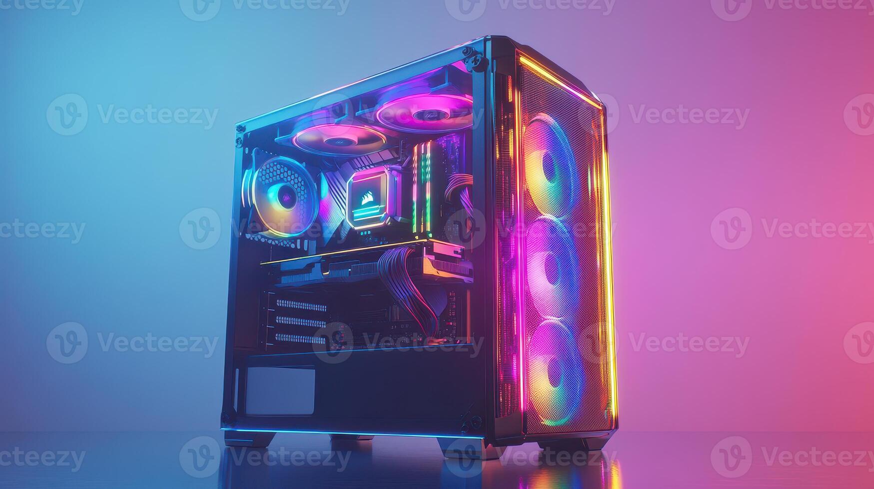 A vibrant gaming PC with RGB lighting in a modern workspace setup at dusk photo