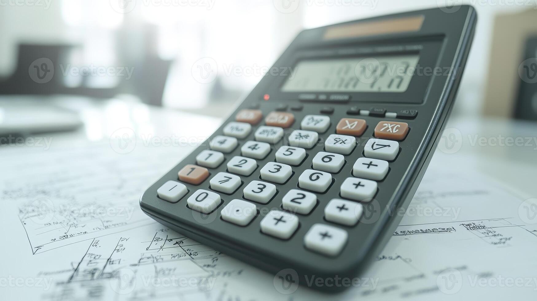 A calculator rests on architectural blueprints in a well-lit office during a work session on financial or project planning photo