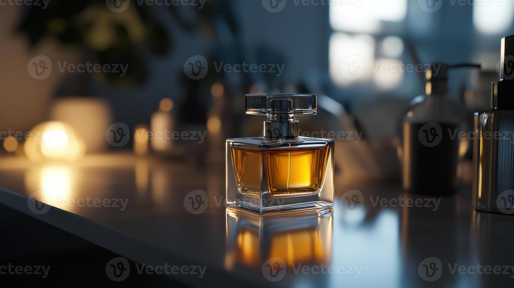 Elegant perfume bottle illuminated on a vanity table during the evening photo