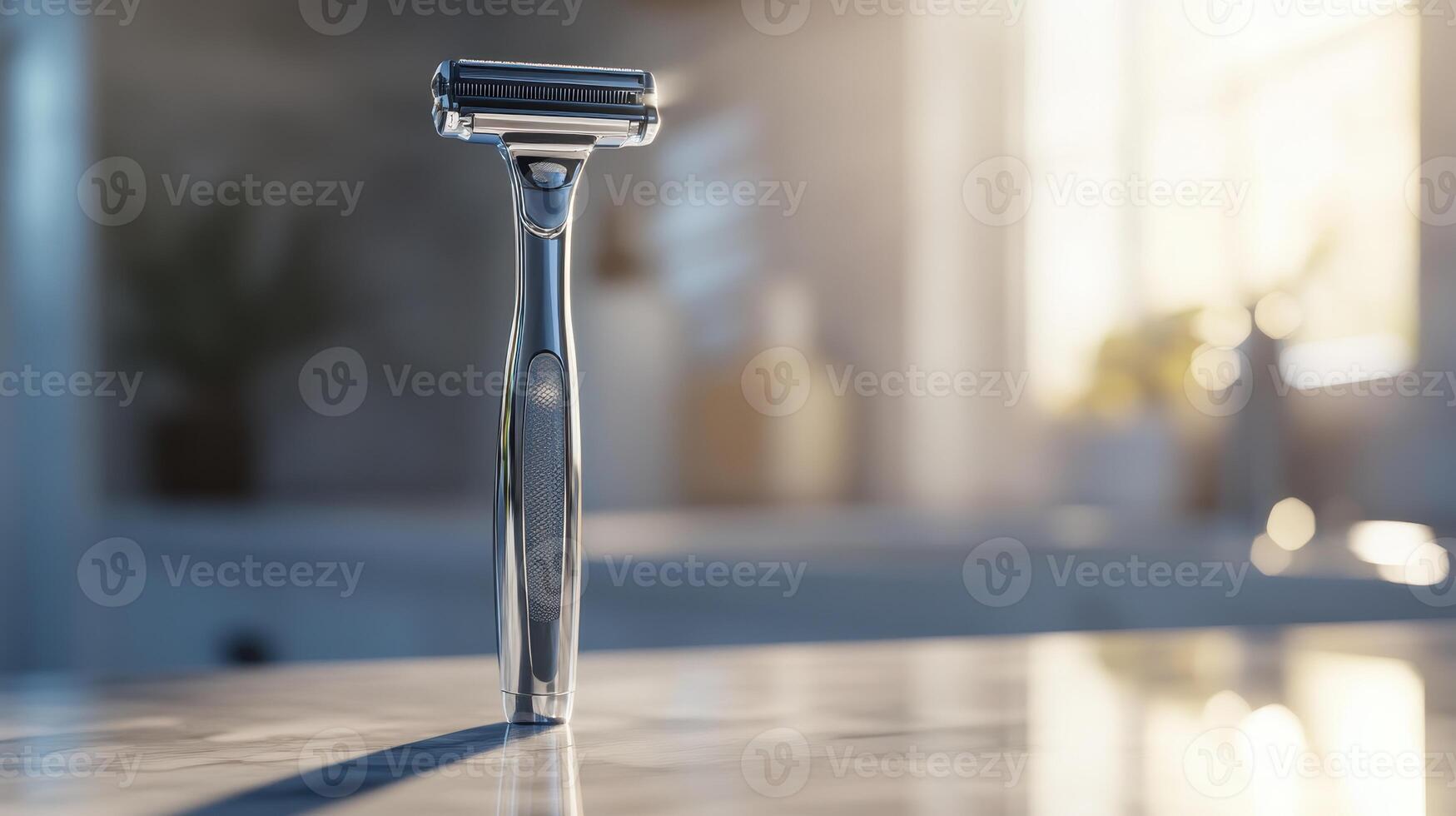 A close-up view of a modern razor on a marble countertop in a bright bathroom during the early morning light photo