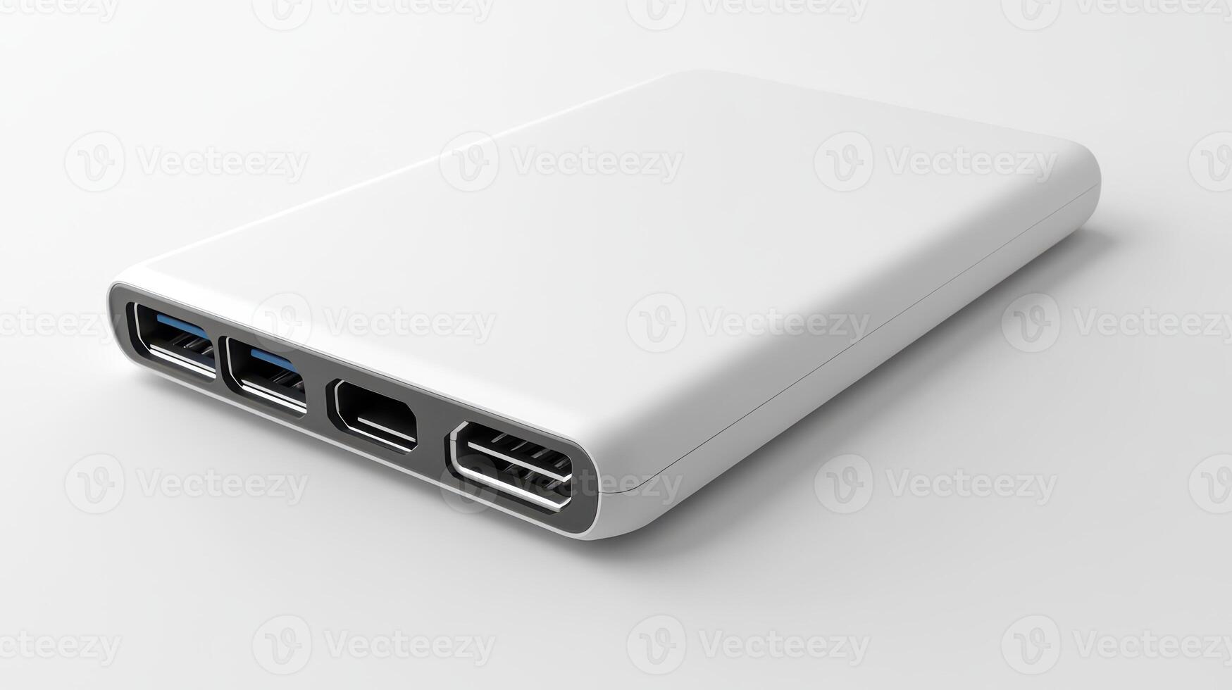 White portable power bank with multiple USB ports on a plain background photo