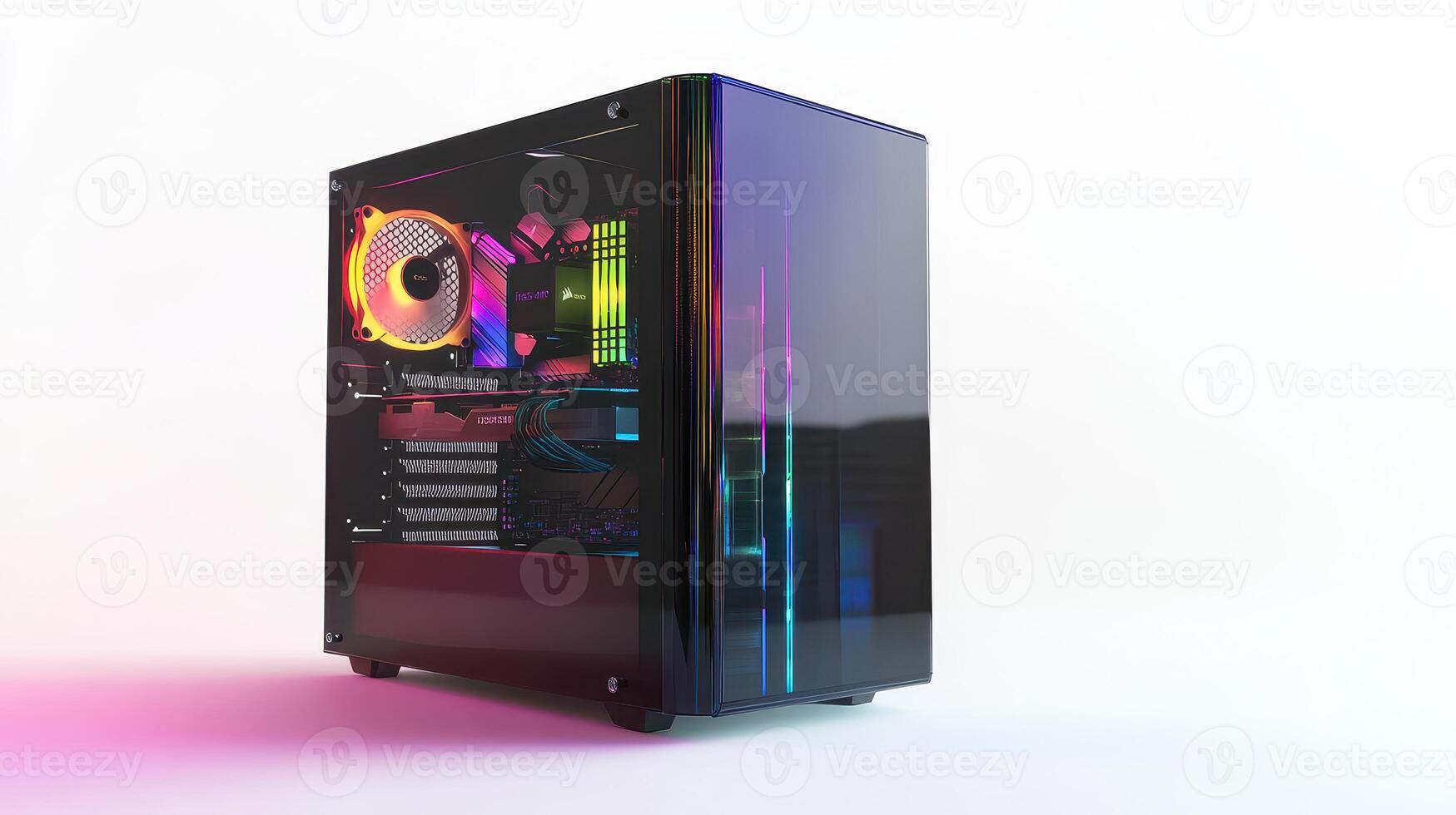 A modern gaming PC setup with colorful RGB lighting displayed on a clean, white background photo