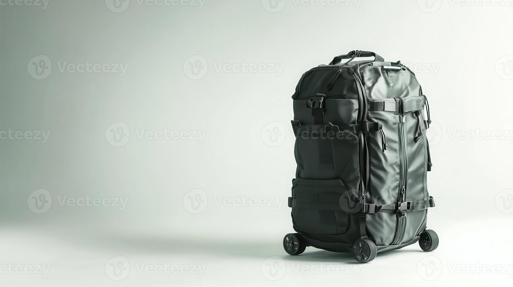 Durable black rolling suitcase for travel on a plain background photo
