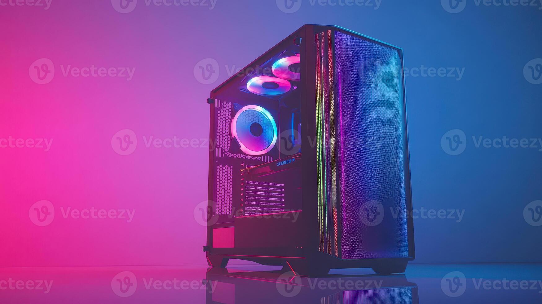 A vibrant gaming computer case with LED lighting in a dimly lit room photo