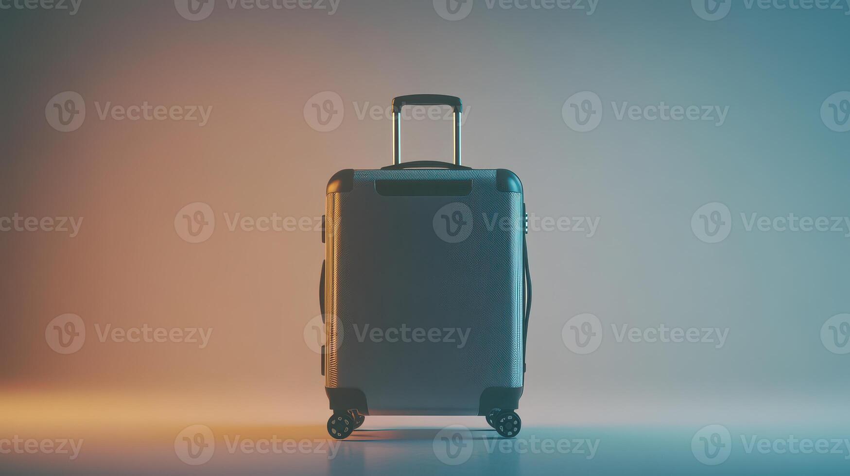 Modern suitcase against a colorful gradient backdrop, showcasing travel essentials in a minimalist style photo