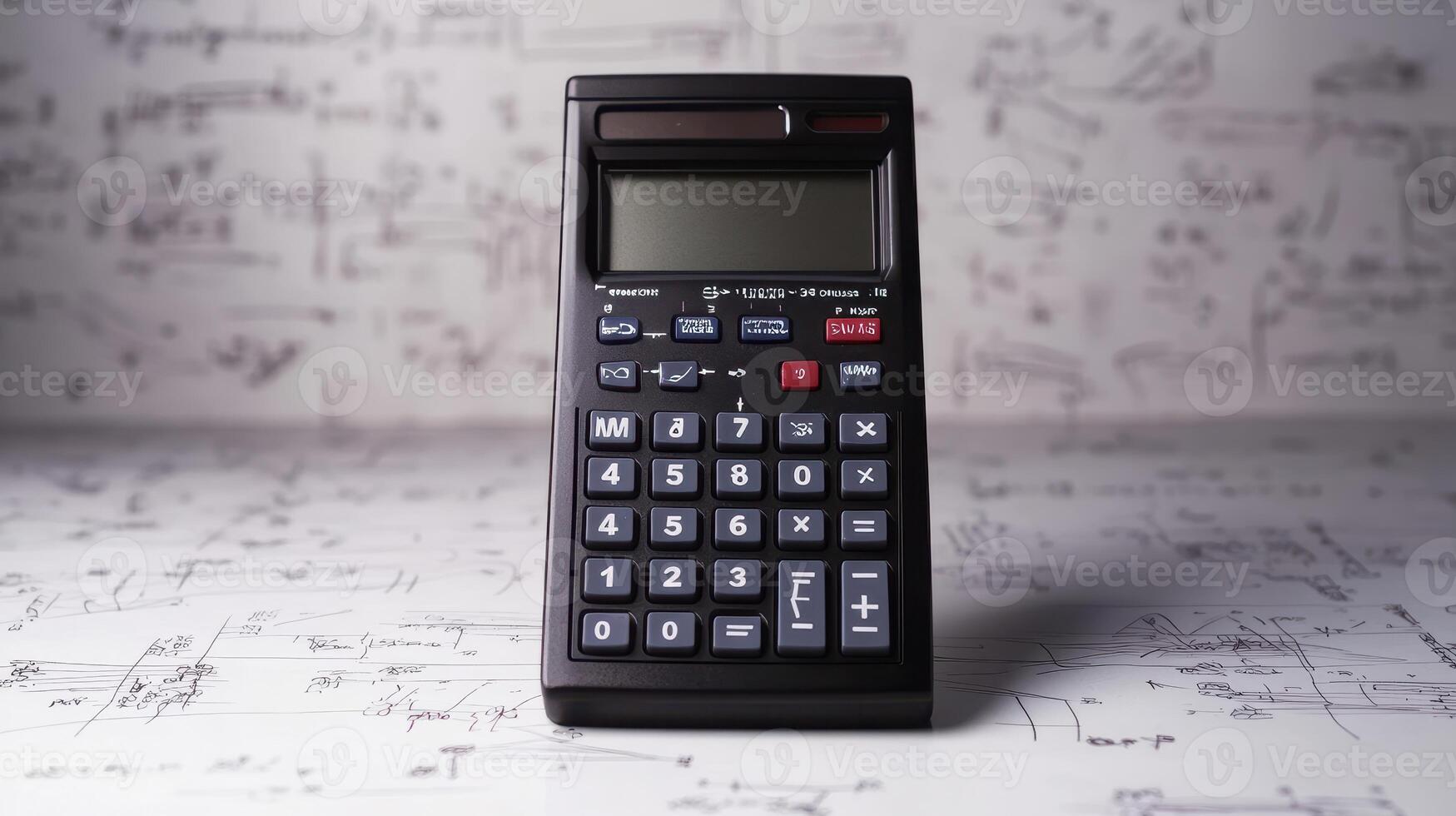 A scientific calculator on a patterned background of mathematical sketches and diagrams photo