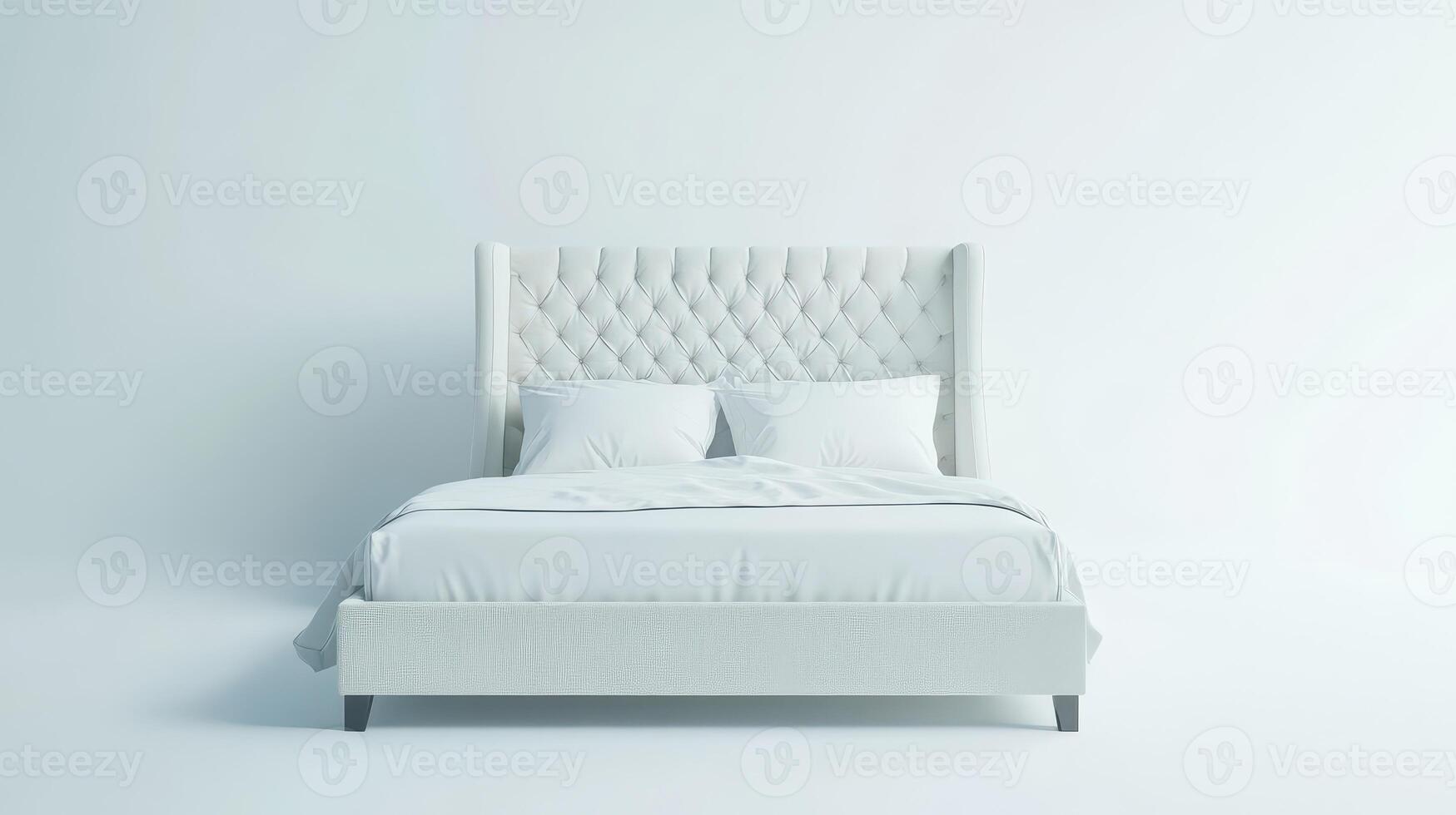 Elegant white upholstered bed with tufted headboard in minimalist bedroom setting photo
