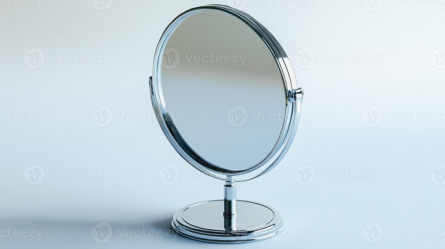 A simple silver vanity mirror on a smooth surface with a soft reflection during daylight photo