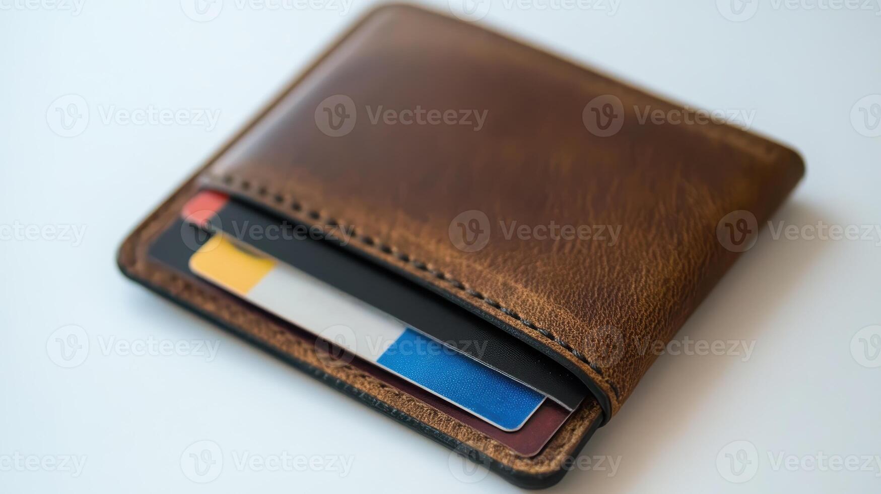 A brown leather wallet with several cards peeking out on a light background photo