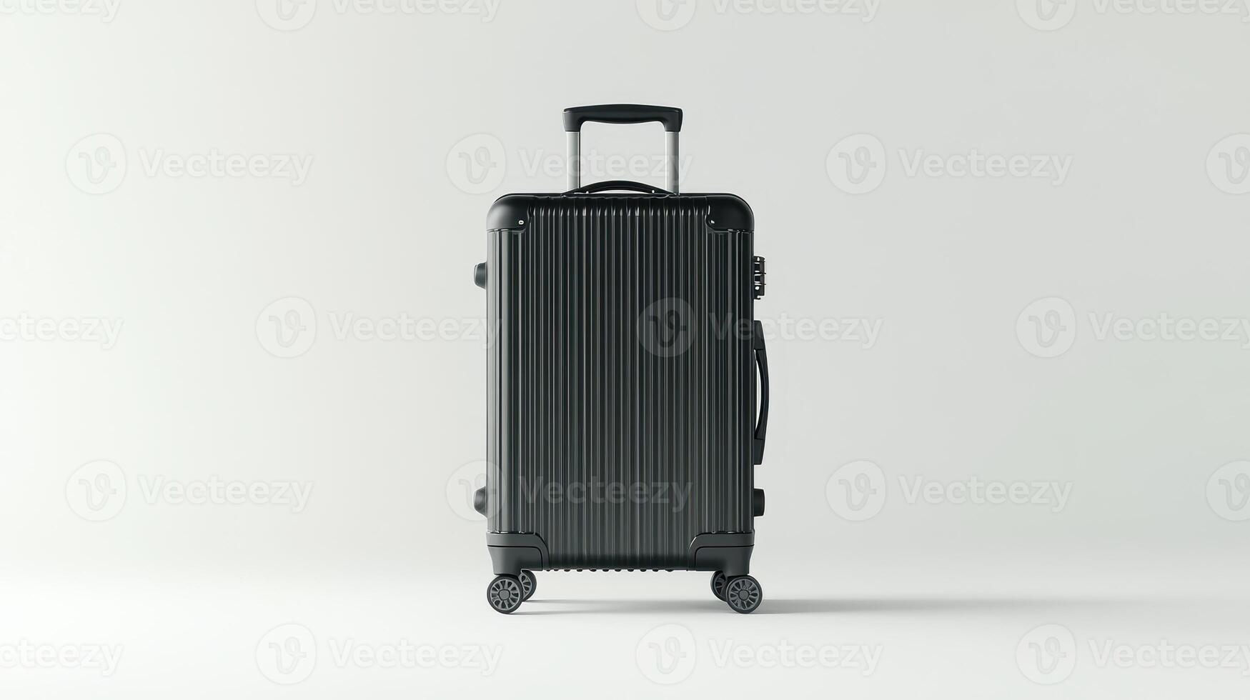 A sleek black suitcase with wheels ready for travel against a minimalist background photo