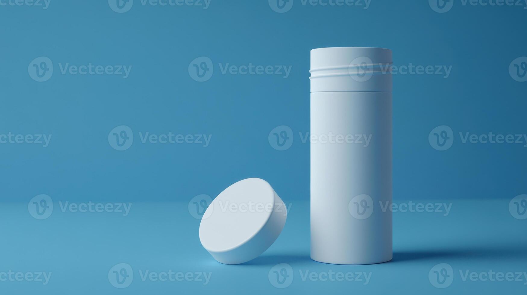 Minimalist white container with a lid resting beside it against a blue background photo