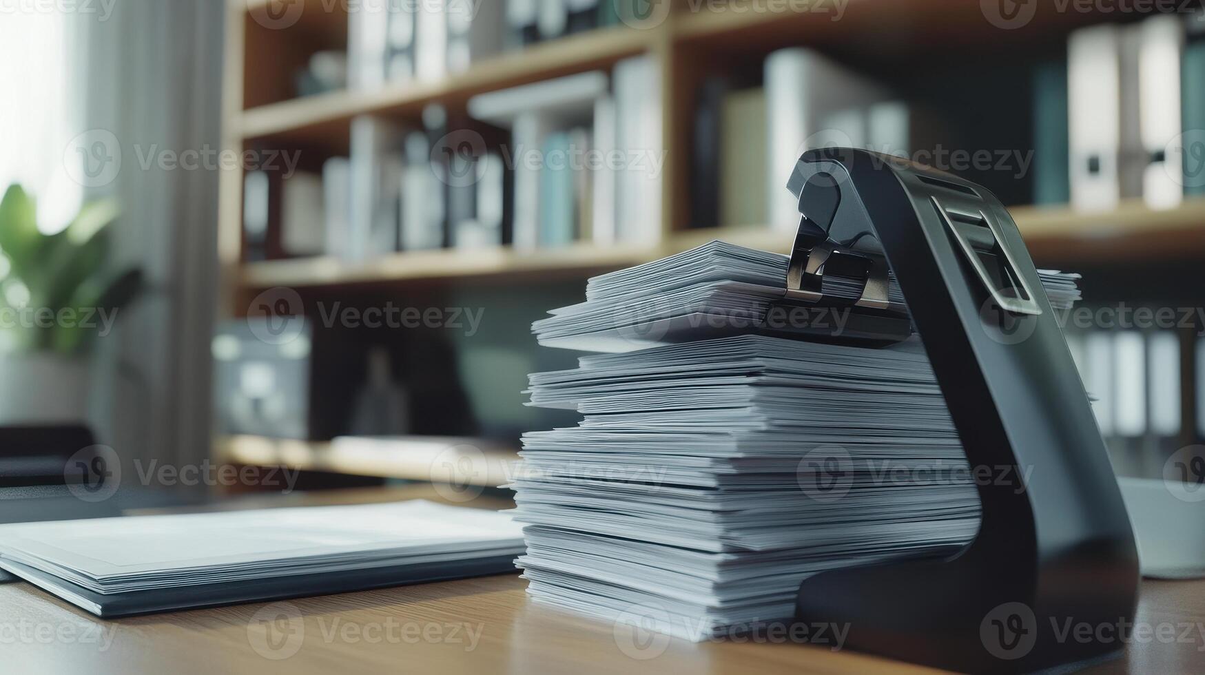 A stapler rests on a desk next to a neatly stacked pile of documents in a modern office setting during the afternoon photo
