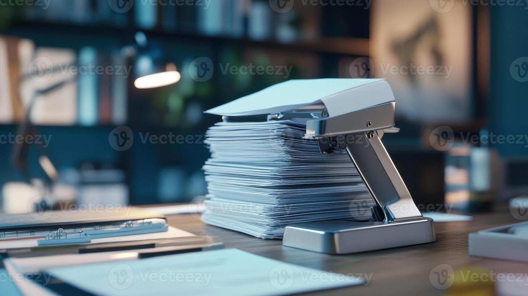 A stack of documents next to a stapler on a wooden desk in a modern office setting photo