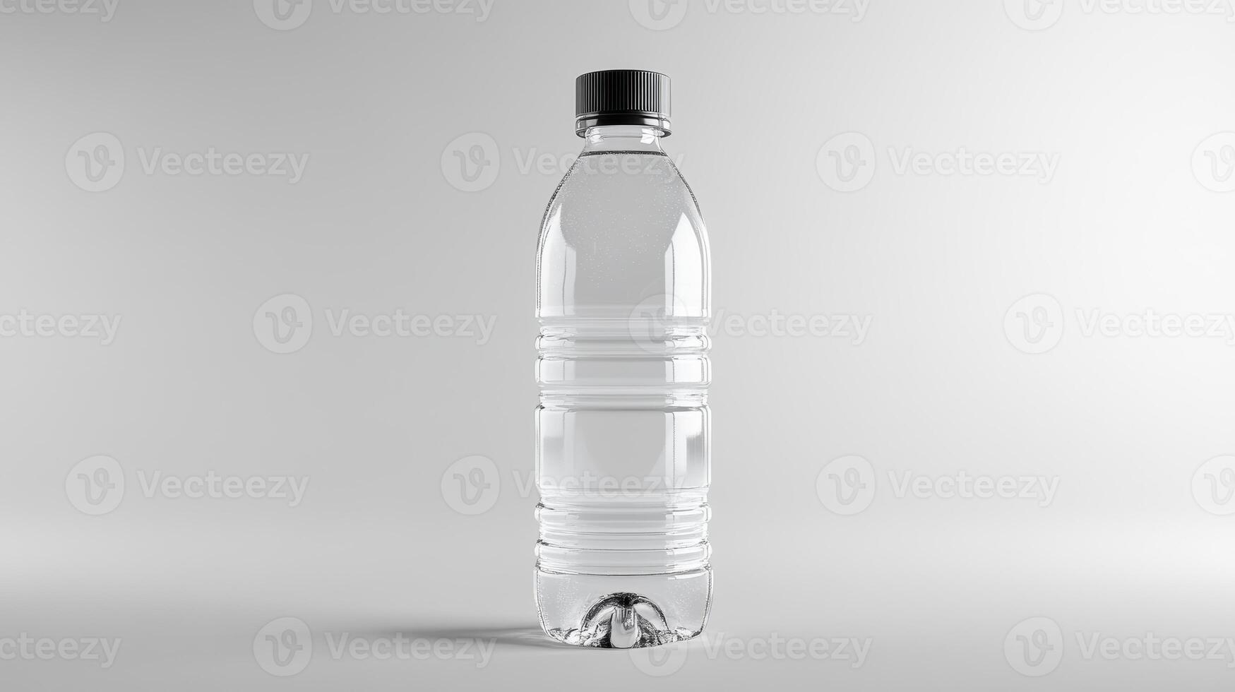 Clear plastic water bottle on a light background, showcasing its shape and design in a minimalist setting photo