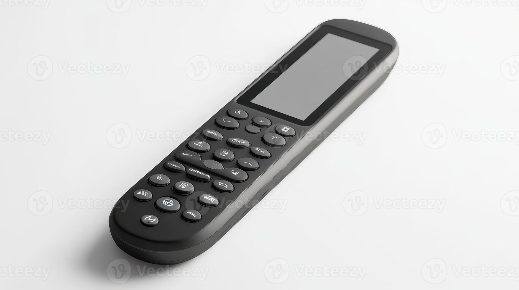 A modern remote control resting on a white surface in a well-lit setting showcasing its sleek design and numerous buttons photo