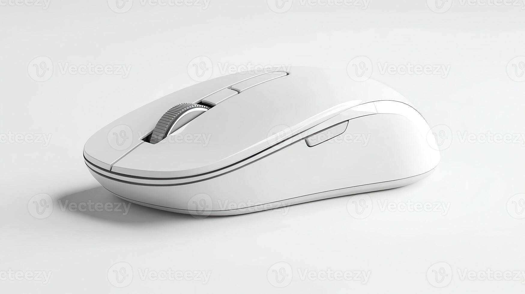 A sleek white wireless mouse positioned on a clean surface with natural sunlight illuminating its design photo