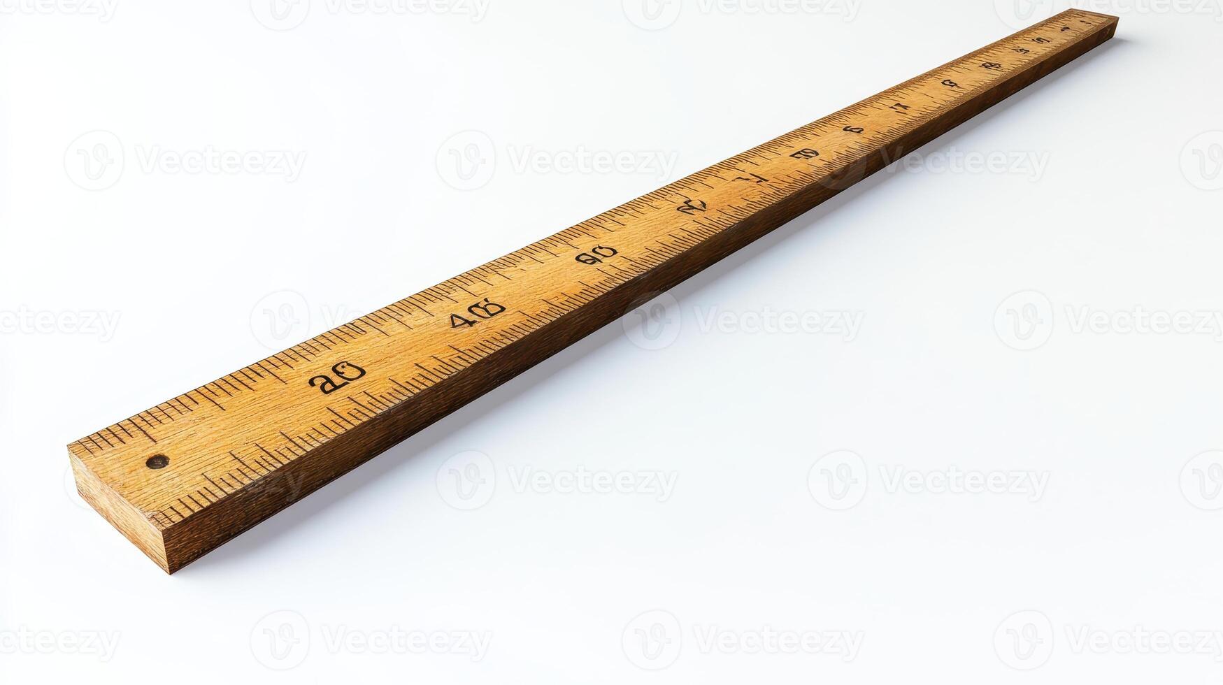 Wooden ruler placed on a white background demonstrating measurement tools for school or office use photo