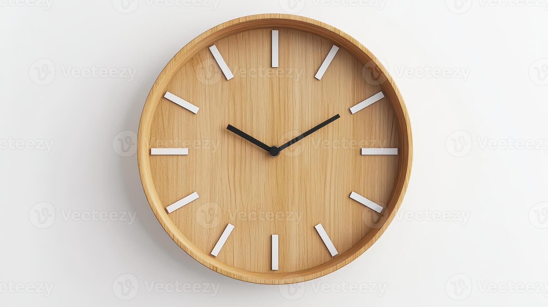 Modern wooden wall clock with minimalist design hanging on a white wall photo