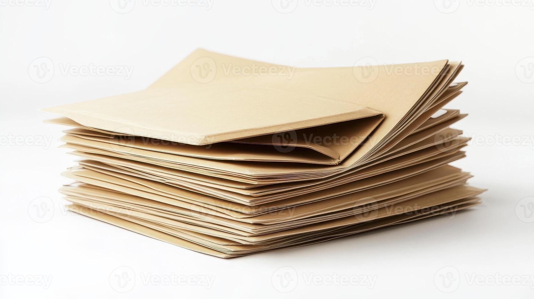 Stack of neatly arranged brown envelopes on a plain background photo