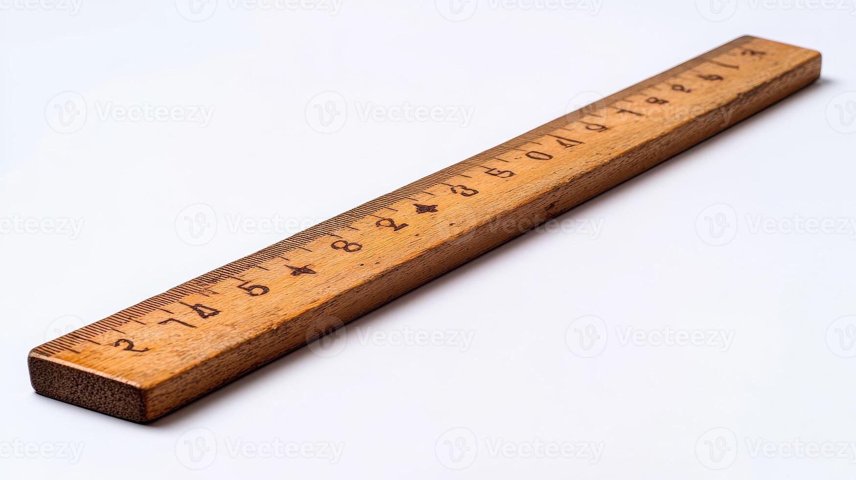 Wooden ruler with measurement markings isolated on a light background photo