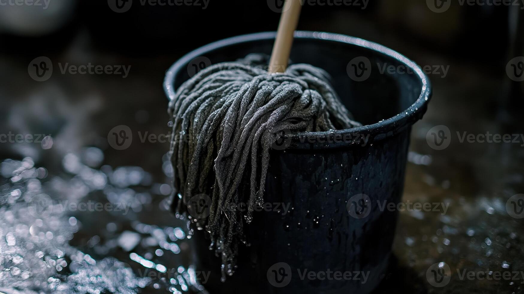 Wet mop resting in a bucket on a shiny floor in a cleaning area during daylight photo