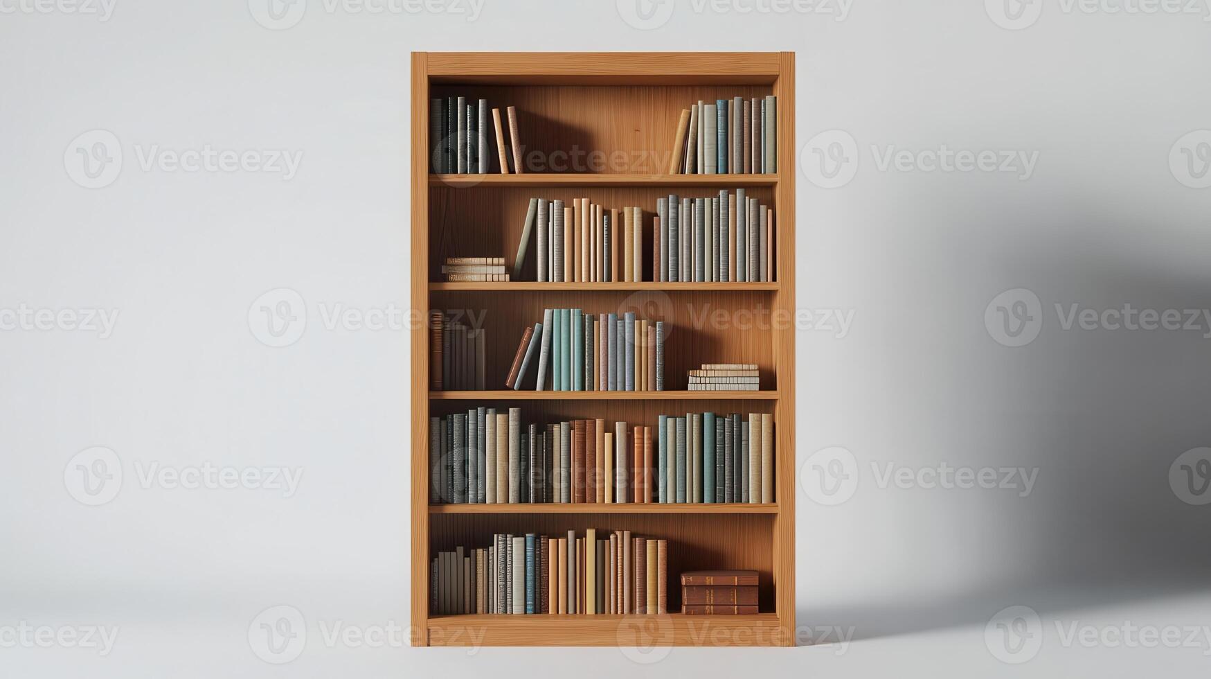 A wooden bookshelf filled with neatly arranged colorful books in a minimalistic setting photo