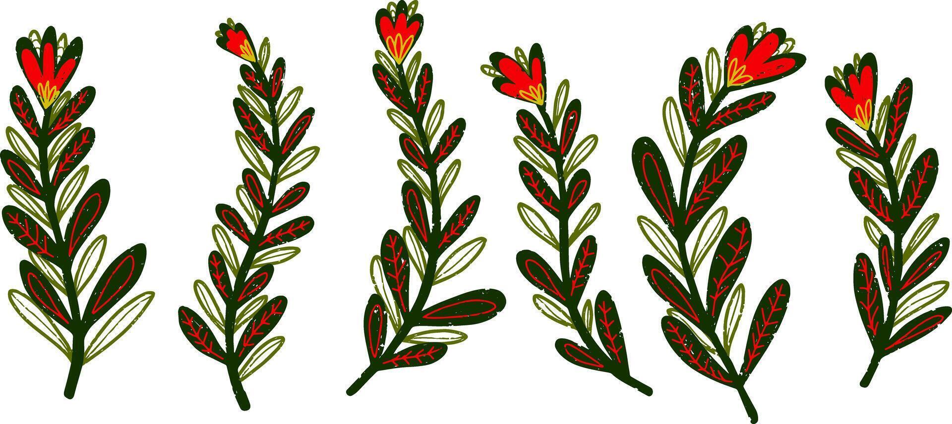 a set of red and green flowers with leaves vector