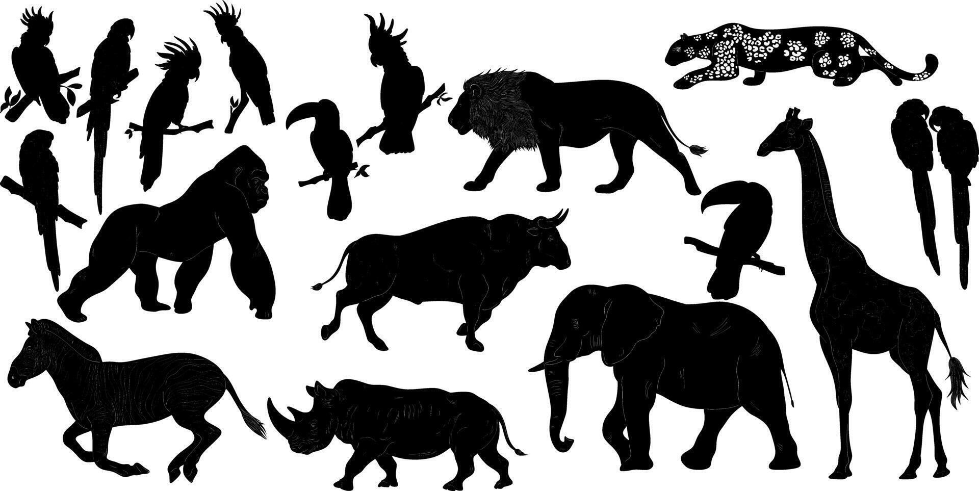 a variety of animals are silhouetted in black vector