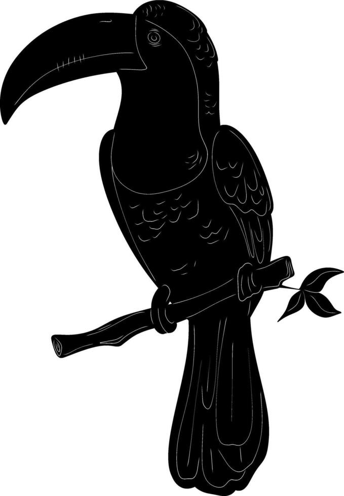 a black and white illustration of a toucan sitting on a branch vector