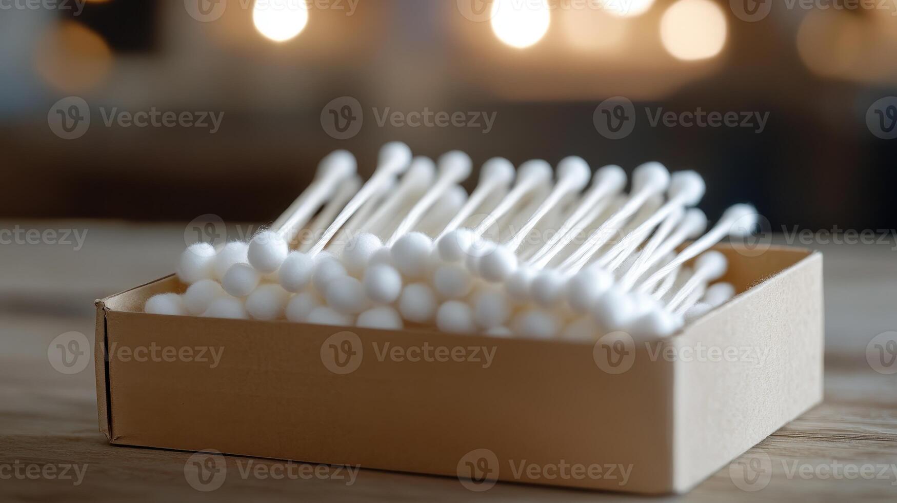 Cotton swabs arranged neatly in a cardboard box on a wooden table with blurred lights in the background photo
