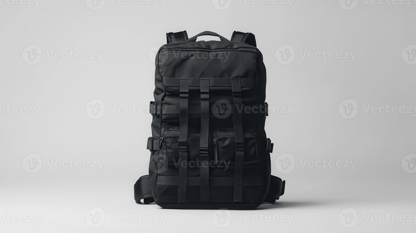 Black tactical backpack displayed against a minimalist backdrop highlighting its functionality and design photo