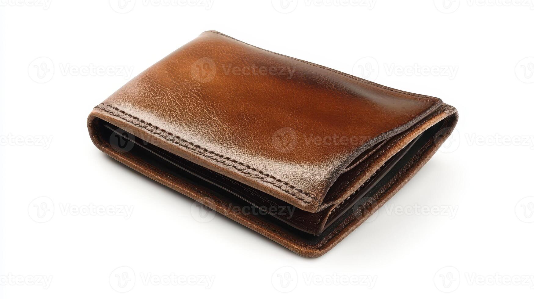 Brown leather wallet laying flat on white background in a well-lit setting photo