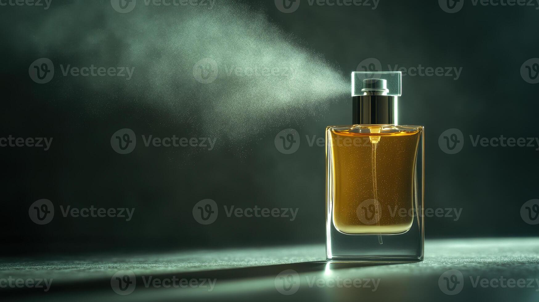 A glass perfume bottle releasing a fragrant mist in dim light on a textured surface photo